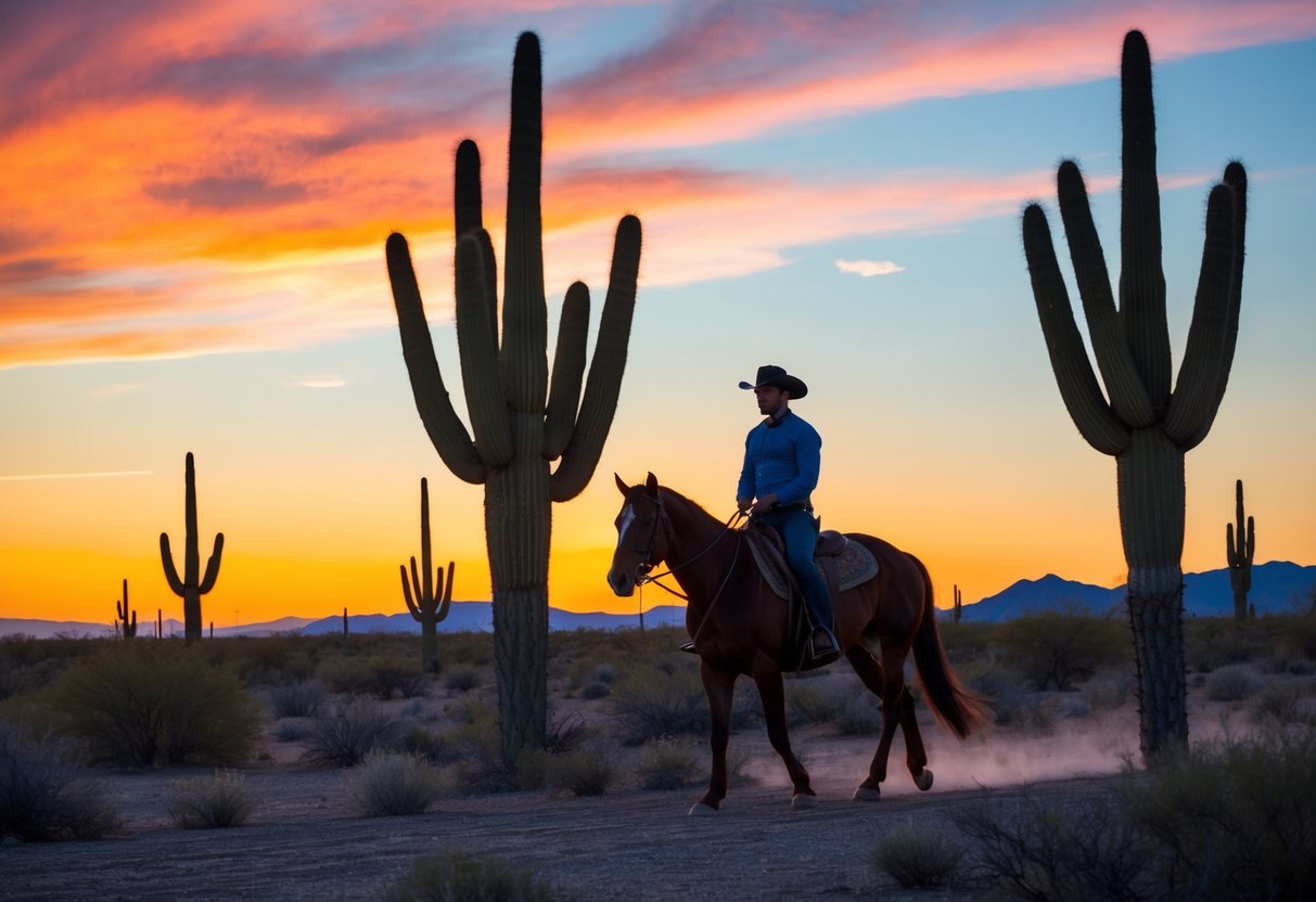 A horseback rider traverses a desert landscape at sunset, with towering saguaro cacti silhouetted against the colorful sky