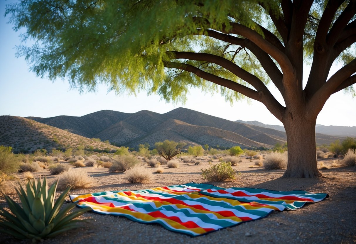 A colorful picnic blanket spread under the shade of a large tree, surrounded by rolling hills and desert vegetation at South Mountain Park in Arizona