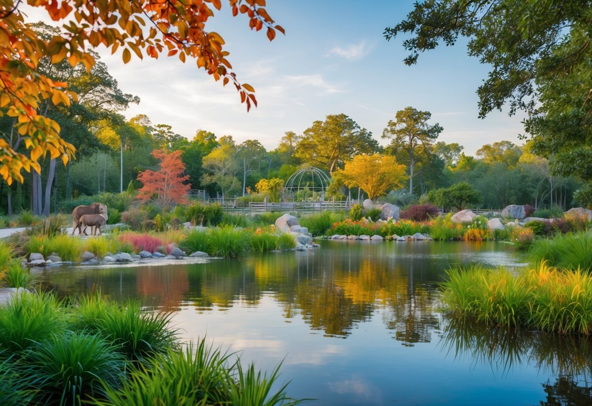 A serene wildlife sanctuary with colorful foliage, tranquil ponds, and diverse animal habitats