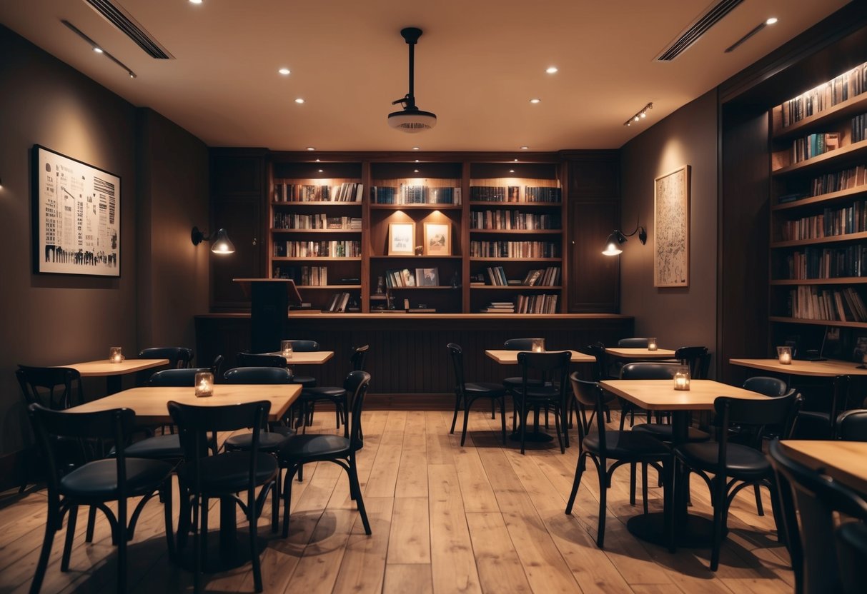 A cozy cafe with dim lighting, scattered chairs, and a stage with a microphone. A warm atmosphere with bookshelves and artwork on the walls