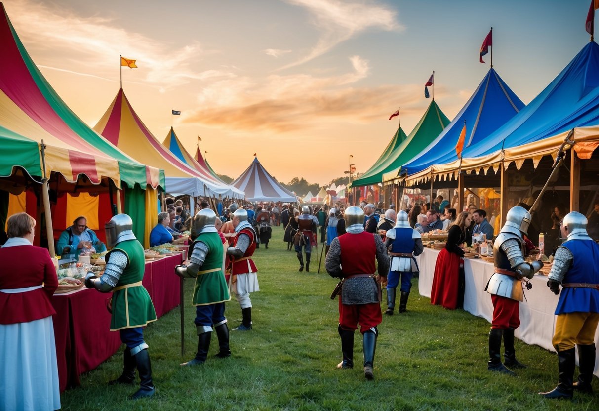 A bustling Renaissance fair with colorful tents, jousting knights, and costumed attendees enjoying food and entertainment