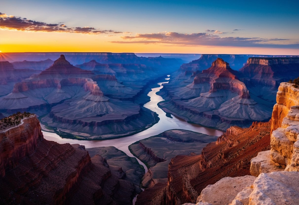 Sunset over the Grand Canyon, casting long shadows on the rugged terrain. A winding river cuts through the vast expanse, as colorful rock formations stand tall in the distance