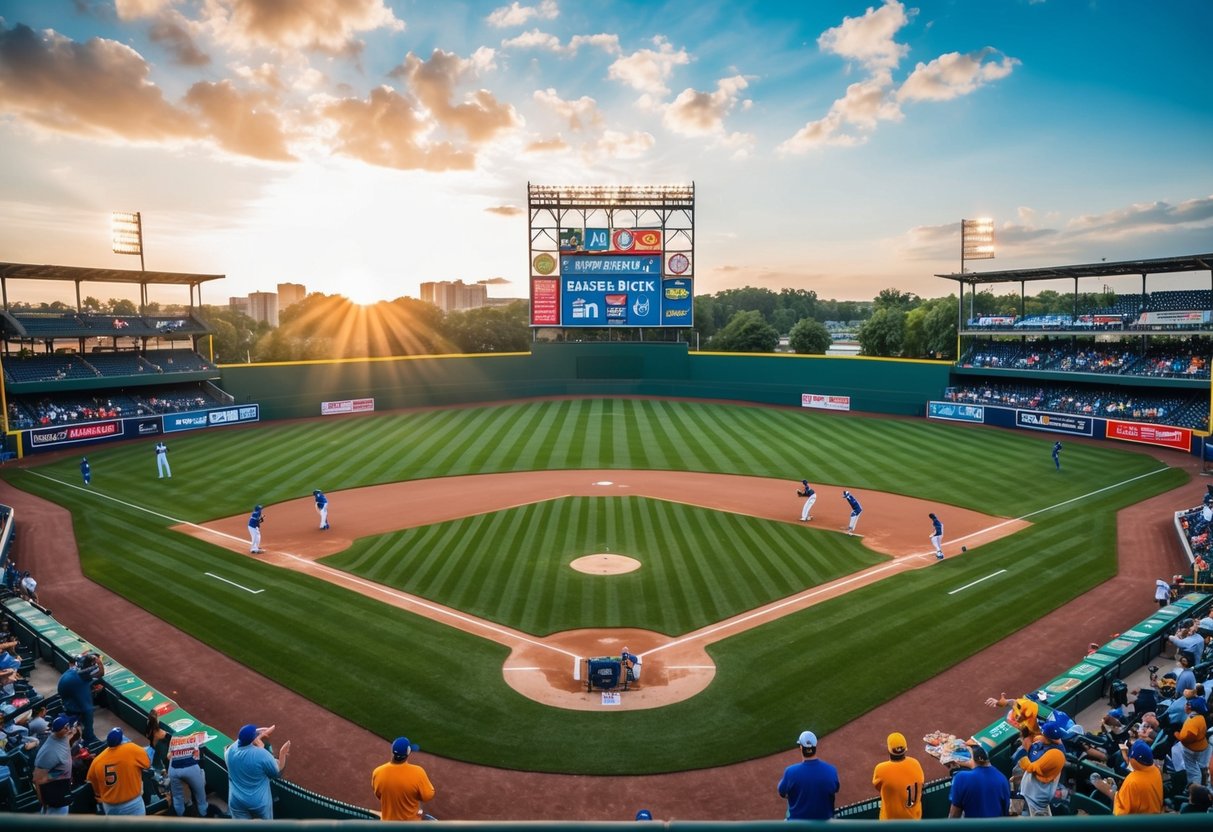 A sun-drenched baseball field with players practicing, fans cheering, and vendors selling snacks and drinks