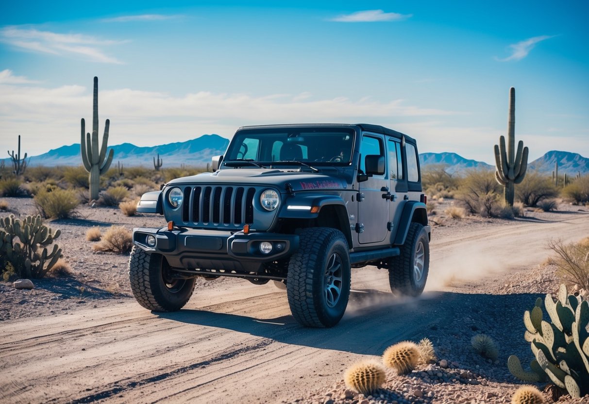 A rugged Jeep drives through the vast Sonoran Desert, surrounded by cacti and rocky terrain under a bright blue sky