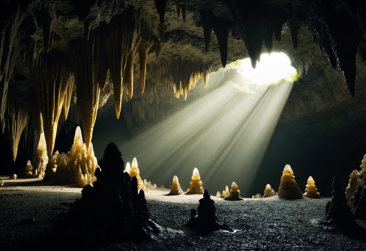 Sunlight streaming into the underground cave, illuminating the intricate formations of stalactites and stalagmites. The cool, damp air creates a mysterious and romantic atmosphere for a date