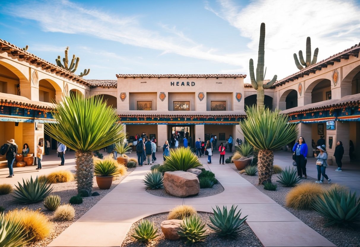 The Heard Museum courtyard, with vibrant desert plants and traditional Native American architecture, surrounded by visitors exploring the rich culture