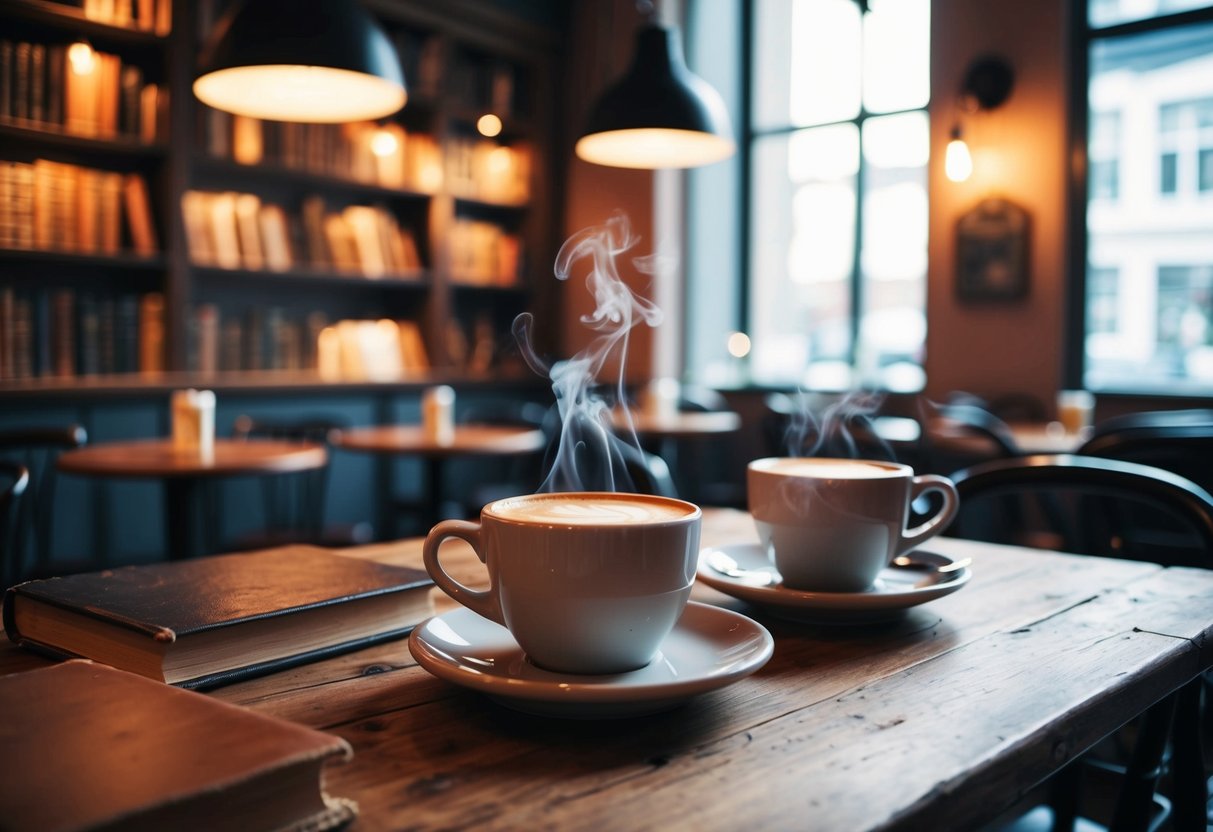 A cozy café in Aalborg, with warm lighting and steaming mugs of coffee on a rustic wooden table, surrounded by old books and vintage decor