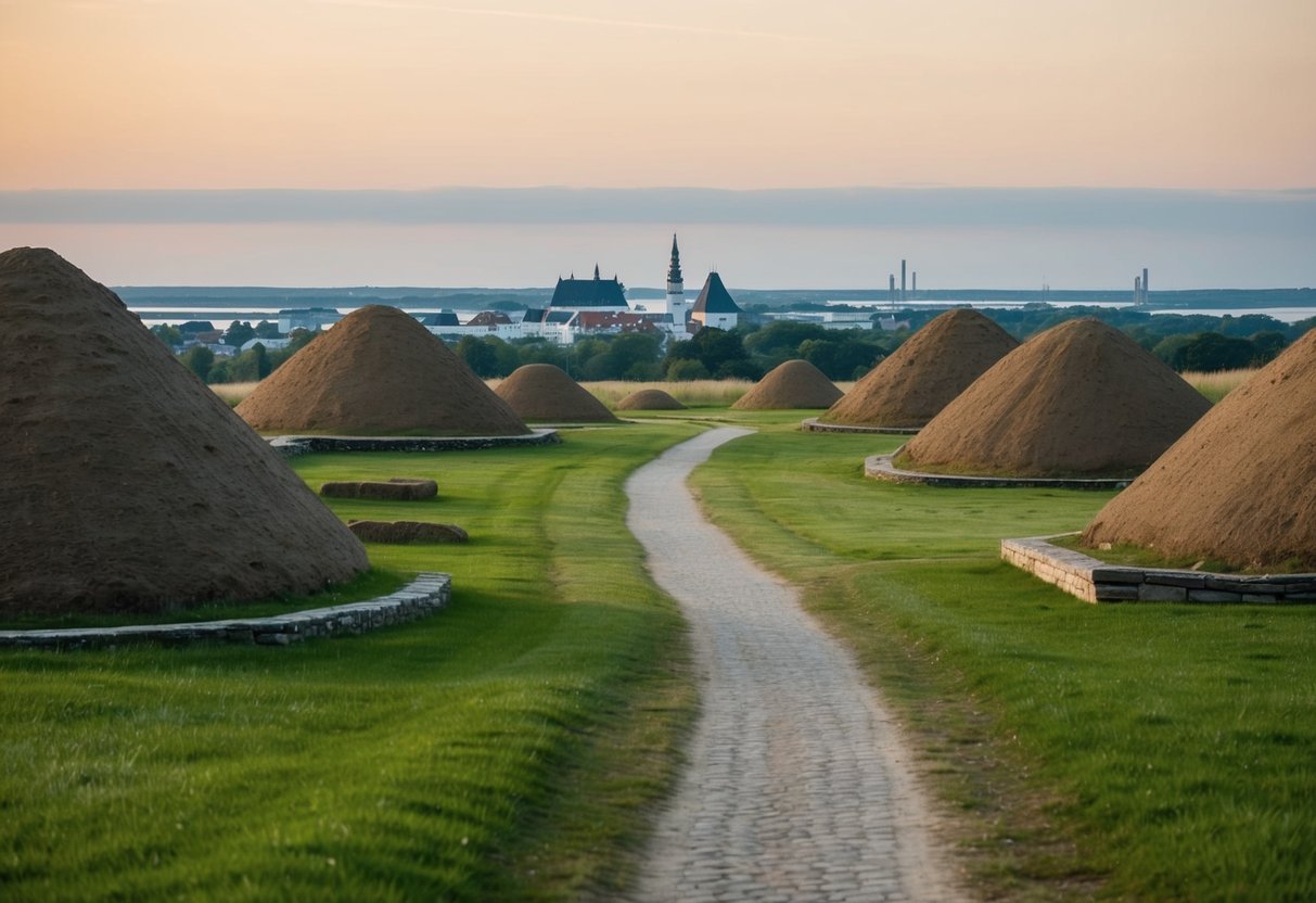 A peaceful path winds through ancient burial mounds at Lindholm Høje, with a view of Aalborg in the distance