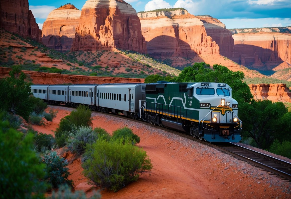 A train chugs through the scenic Verde Canyon, passing by red rock formations and lush greenery