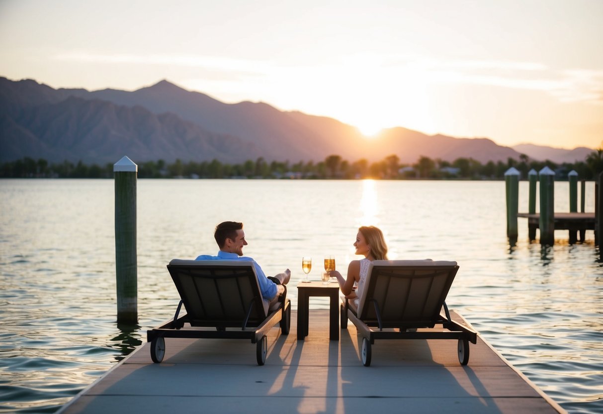 A couple lounges on a dock, surrounded by the serene waters of Lake Havasu City. The warm sun sets behind the mountains, casting a golden glow over the tranquil scene