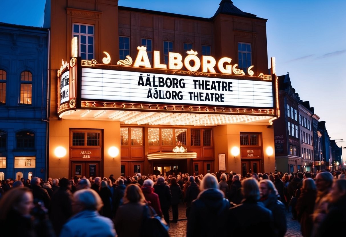 Aalborg Theatre exterior at dusk, with glowing marquee and bustling crowd