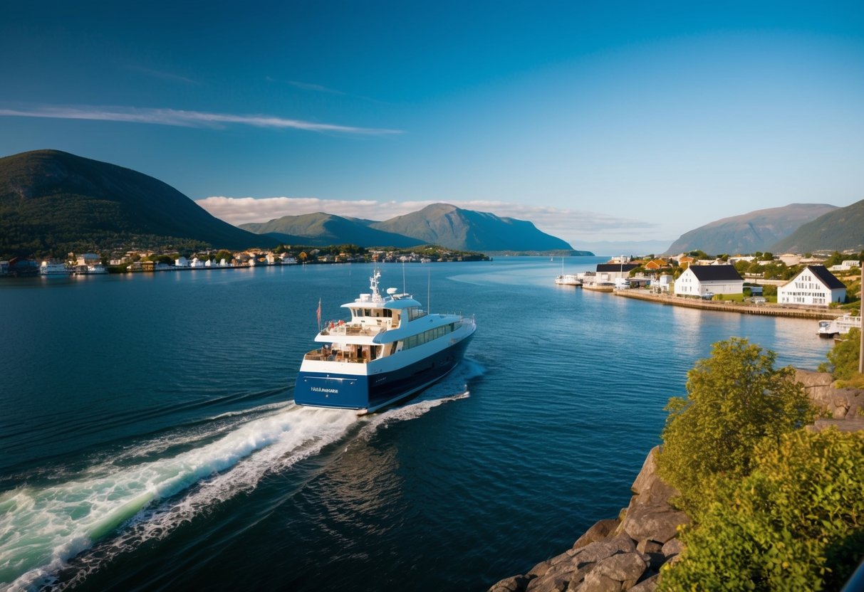 A boat glides through Limfjorden under a clear blue sky, passing by picturesque coastal landscapes and charming waterfront villages