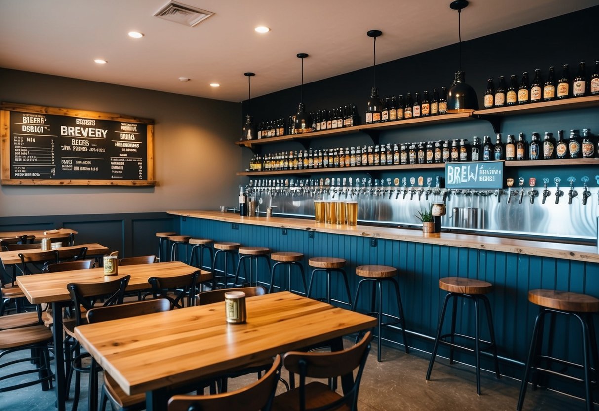 A cozy brewery interior with wooden tables and chairs, shelves of beer bottles, and a bar with taps and a chalkboard menu