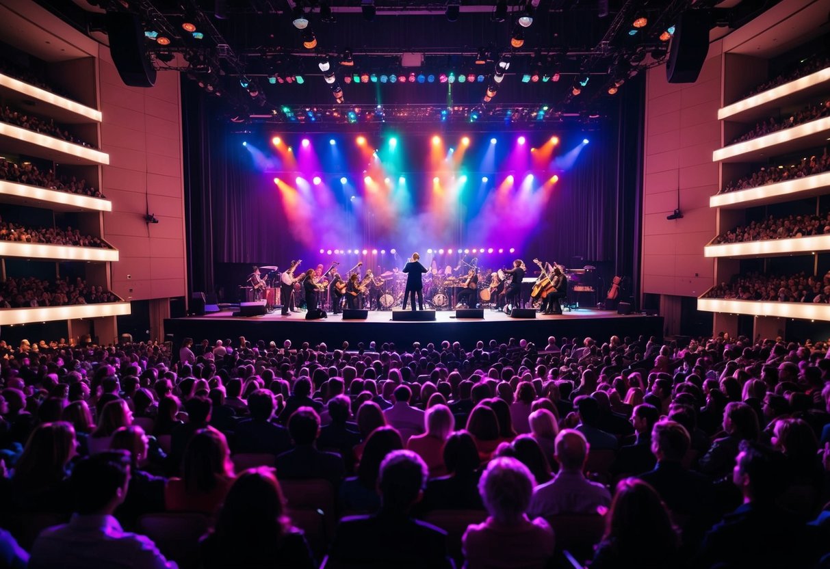 The concert hall is filled with colorful lights and a sea of people. The stage is illuminated as musicians perform, and the audience is captivated by the music