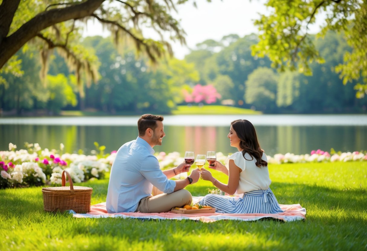 A couple picnicking in a lush Atlanta park, surrounded by blooming flowers and a serene lake