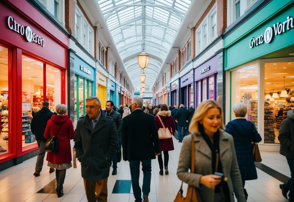 A bustling shopping center with colorful storefronts and people browsing
