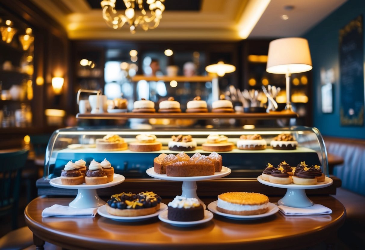 A cozy cafe with a display of delectable pastries and desserts, surrounded by charming decor and soft lighting