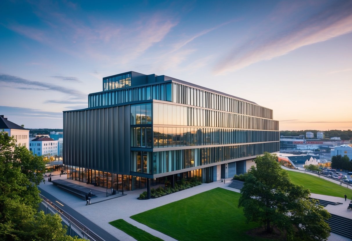 The House of Music in Aalborg: a modern building with sleek lines, surrounded by greenery and a bustling cityscape