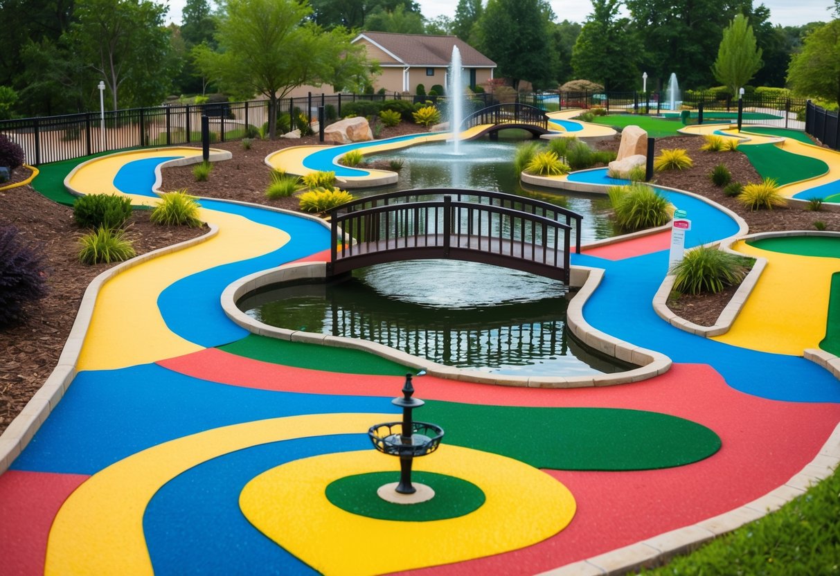 A colorful mini-golf course with winding paths, obstacles, and vibrant landscaping. A small bridge crosses over a pond with a fountain