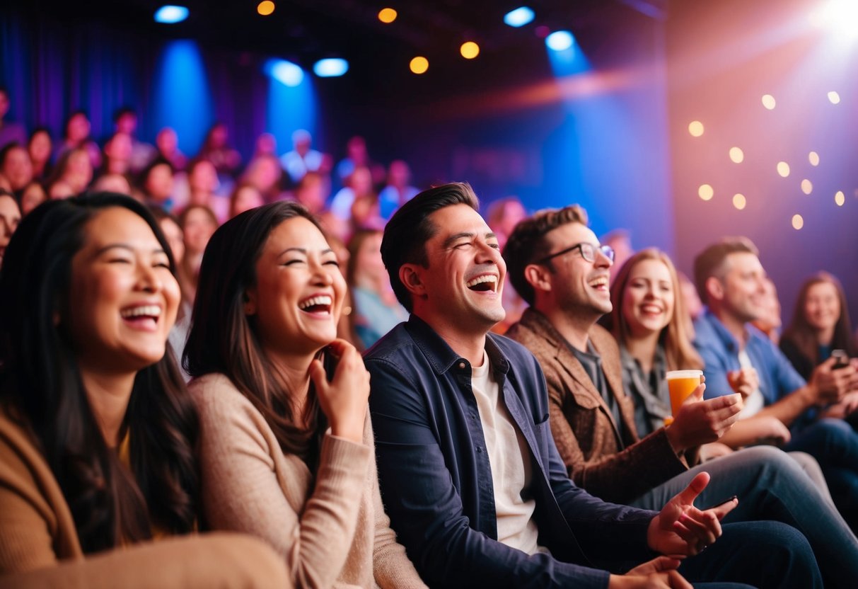 Audience laughing at a comedy show in a cozy theater with stage and spotlights