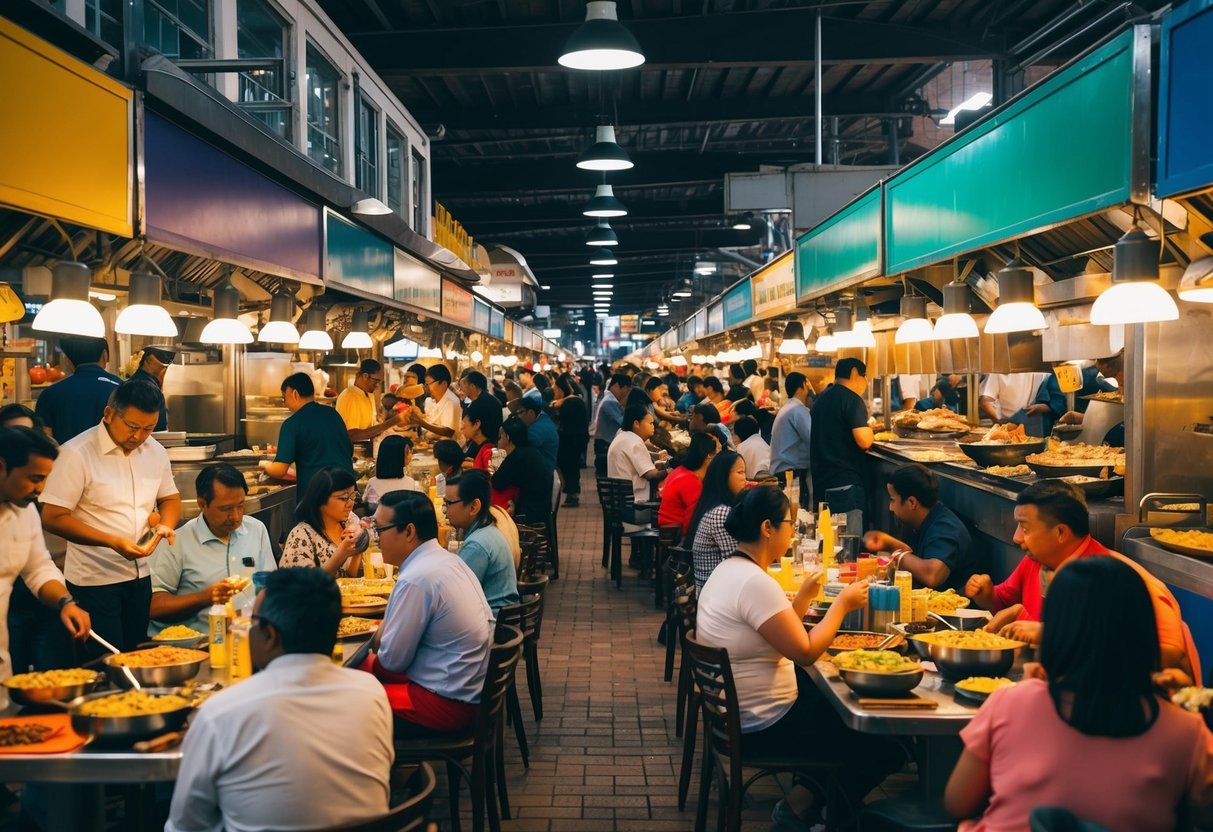 Colorful food stalls line the bustling market. People gather around communal tables, enjoying a variety of international cuisine. The aroma of sizzling dishes fills the air