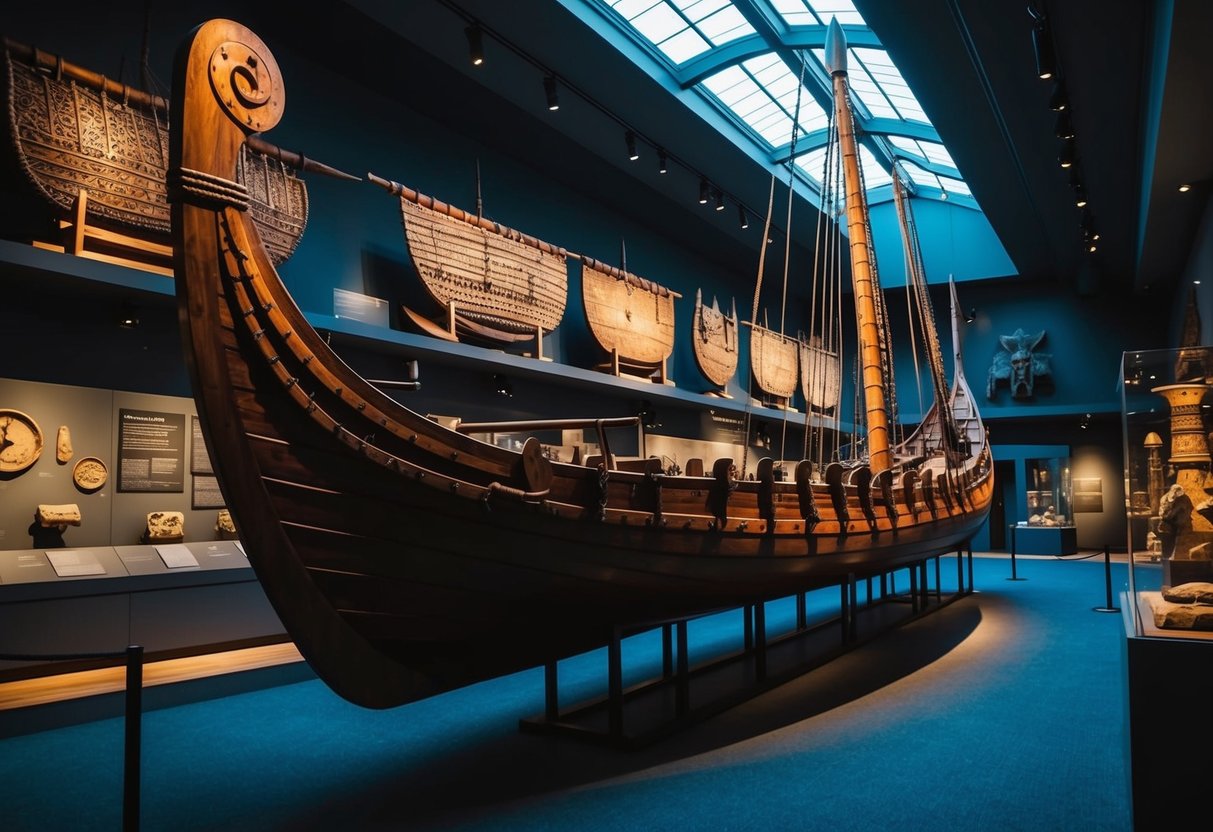 A Viking longship displayed in the dimly lit museum, surrounded by ancient artifacts and interactive exhibits
