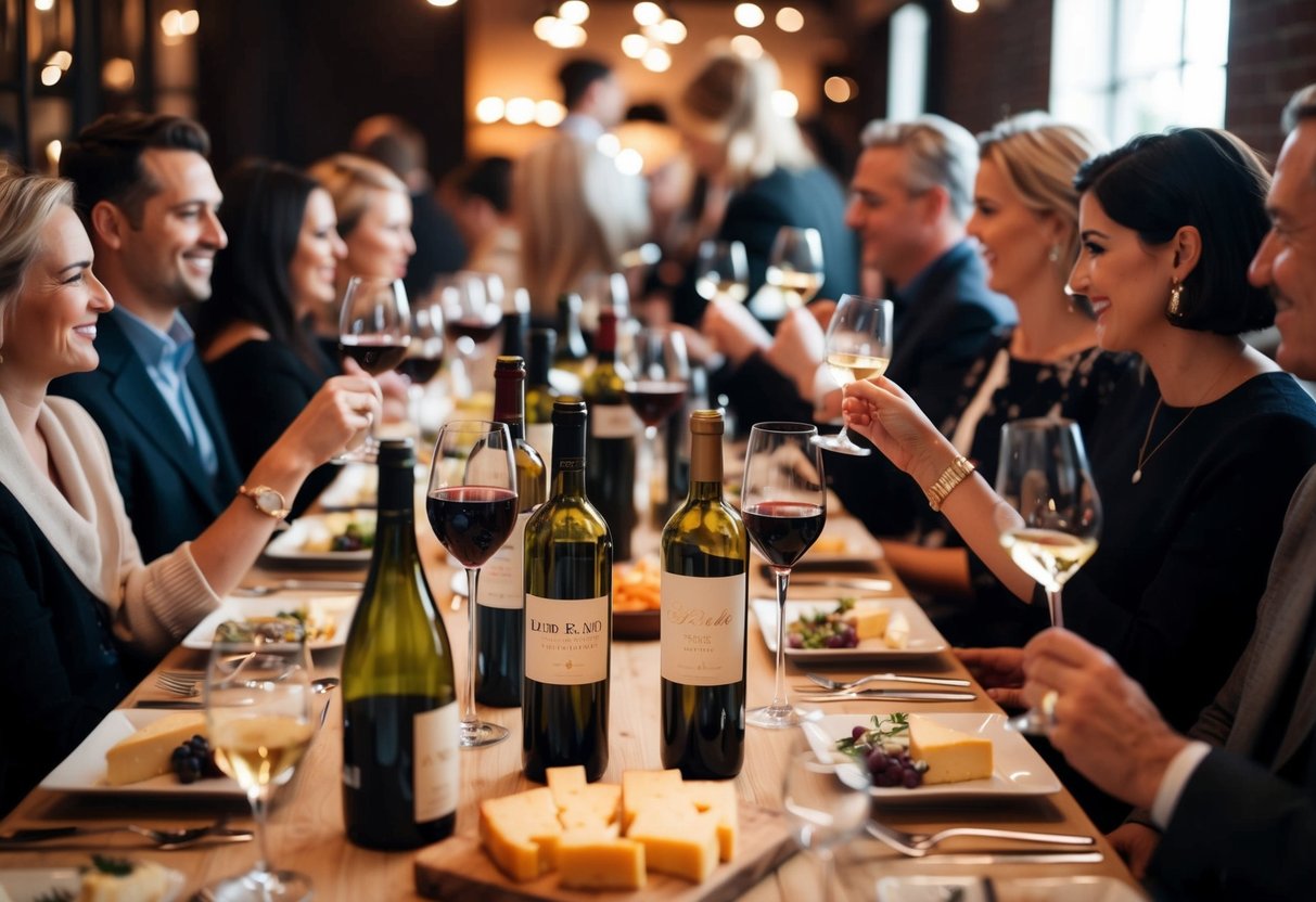Tables lined with wine bottles, glasses, and cheese platters. People mingling and sipping wine in a cozy, dimly lit space