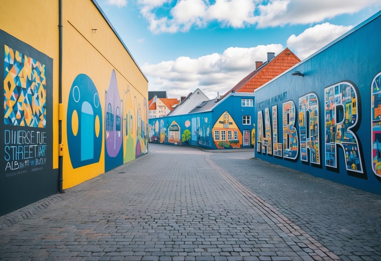 Vibrant murals adorn city center walls, showcasing diverse street art in Aalborg