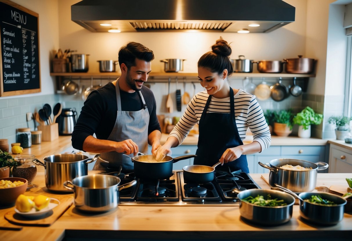 A cozy kitchen with two figures at a stove, surrounded by pots, pans, and fresh ingredients. A blackboard on the wall displays the day's menu