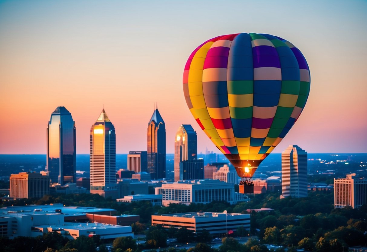 A colorful hot air balloon floats over the Atlanta skyline at sunset, with the city's iconic landmarks in the background