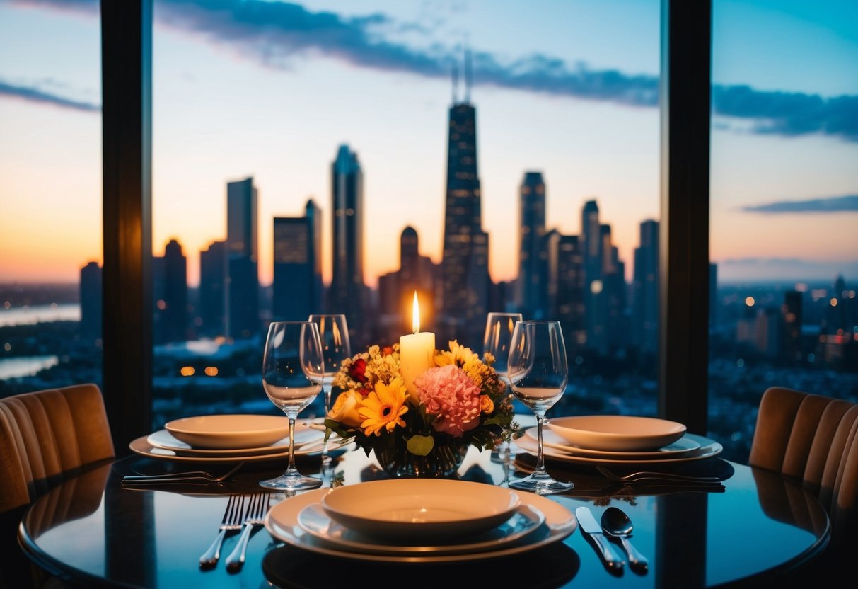 A candlelit dinner with a view of the city skyline and a bouquet of flowers on the table