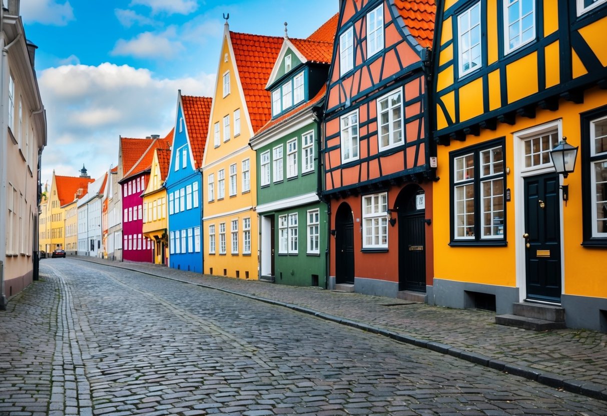 Cobblestone streets lined with colorful, half-timbered buildings in historic Aalborg City