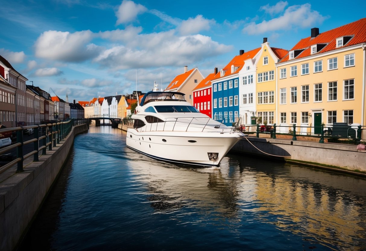 A yacht glides through narrow canals, passing colorful buildings and quaint bridges in Aalborg