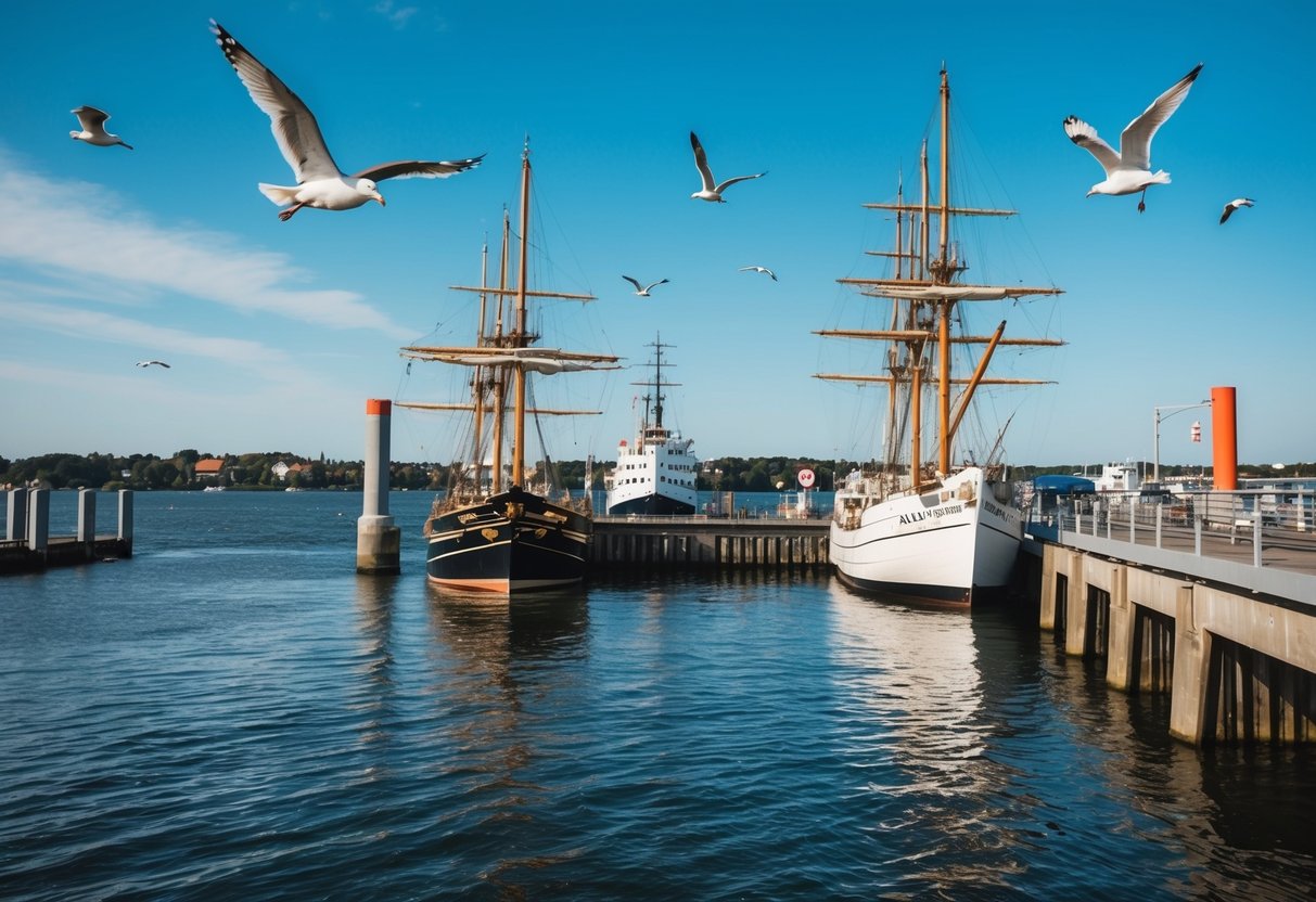 Aalborg Maritime Museum: ships docked, seagulls flying, water lapping against the pier, and a clear blue sky overhead