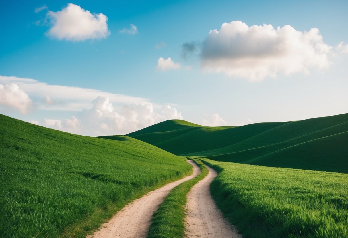 A winding trail through lush green hills with a clear blue sky and a few fluffy clouds overhead