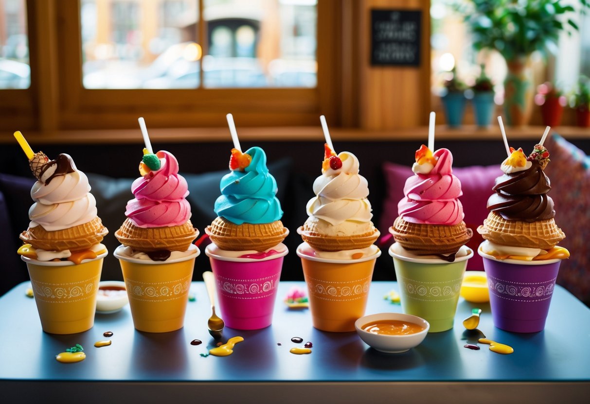 A table with a variety of colorful ice-cream cones and cups, arranged neatly with decorative toppings and sauces, displayed in a cozy setting