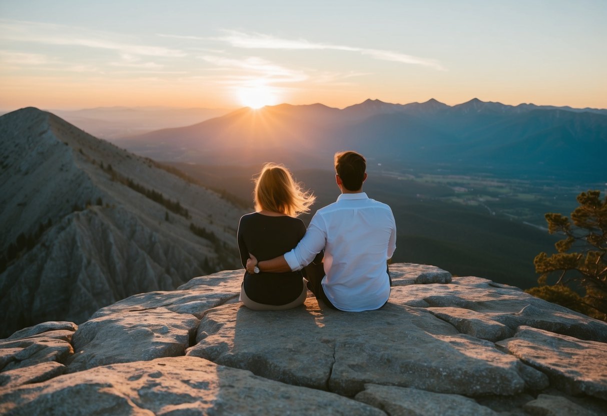 A couple sits on a rocky outcrop, overlooking a vast valley and distant mountains. The sun sets, casting a warm glow over the landscape