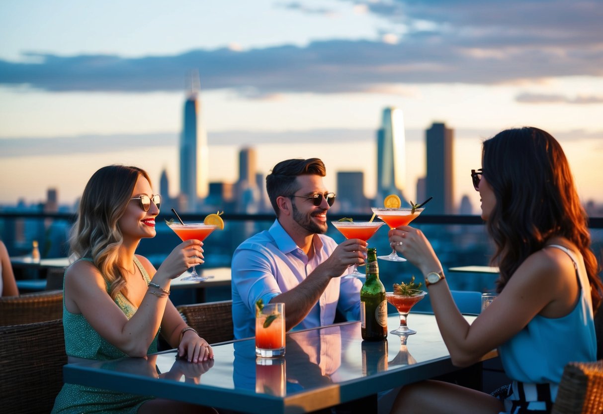 People sip cocktails at a rooftop bar with city skyline views