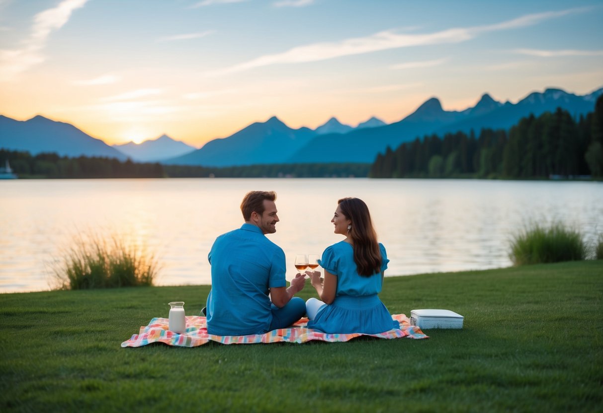 A couple picnicking by a tranquil lake with a backdrop of mountains and city skyline at sunset