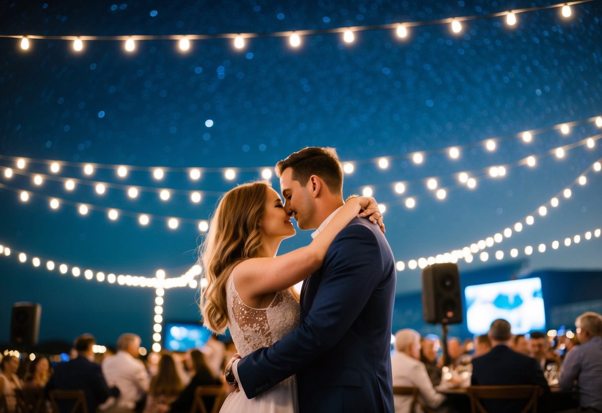 A couple embraces under a starry night sky, surrounded by twinkling lights and the sound of live music filling the air
