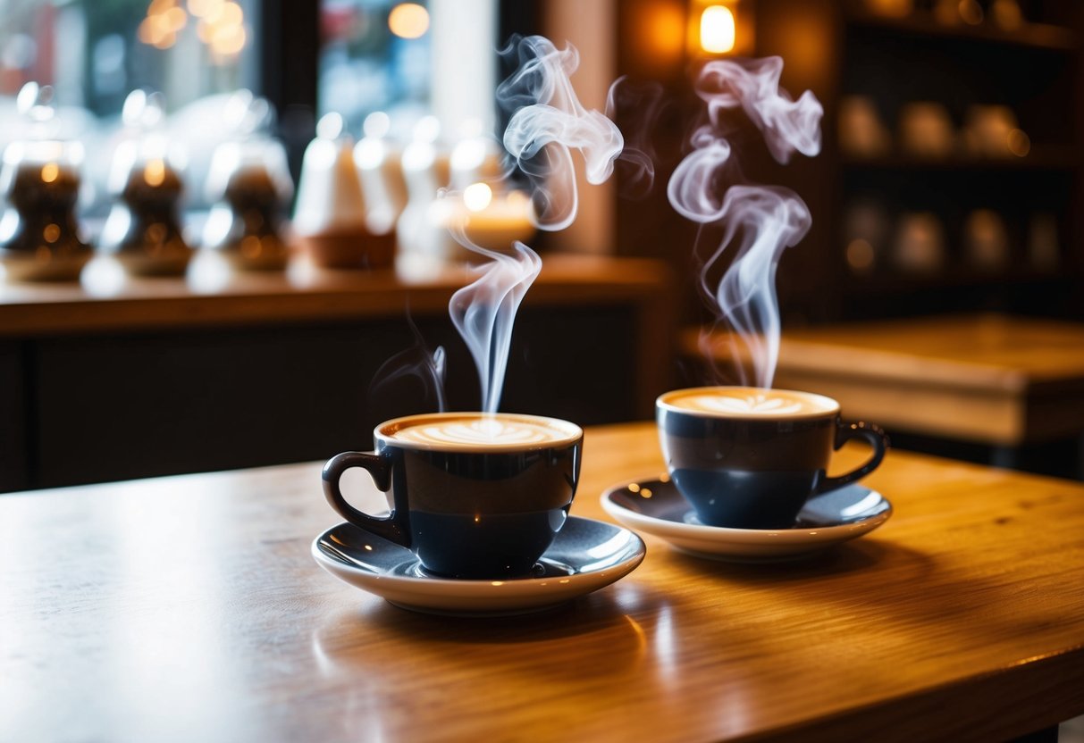 A cozy coffee shop with two steaming cups on a wooden table, surrounded by swirling aromas and warm lighting