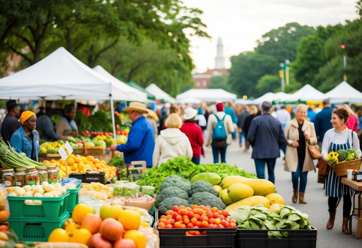 A bustling farmers market in Pioneer Park, with colorful produce, artisan goods, and lively crowds