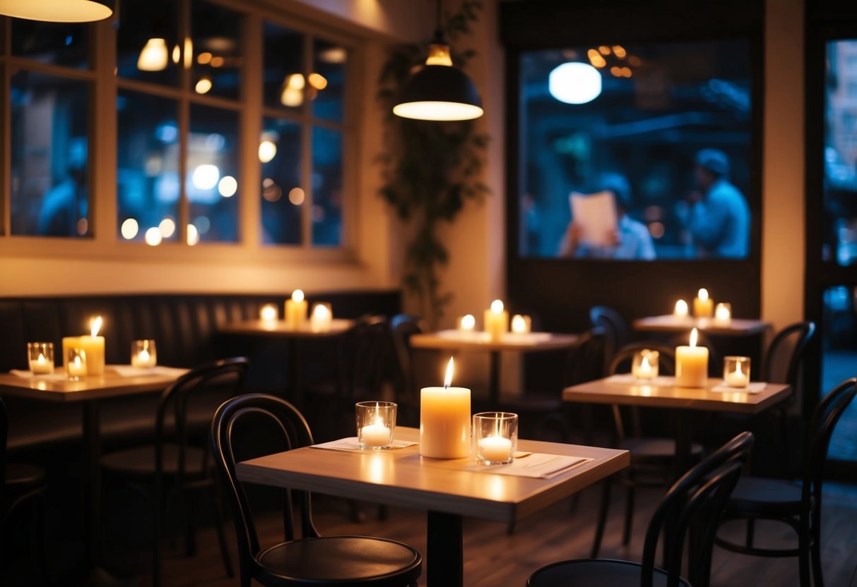 A cozy cafe with dim lighting, small tables adorned with candles, and a stage set for a poetry reading