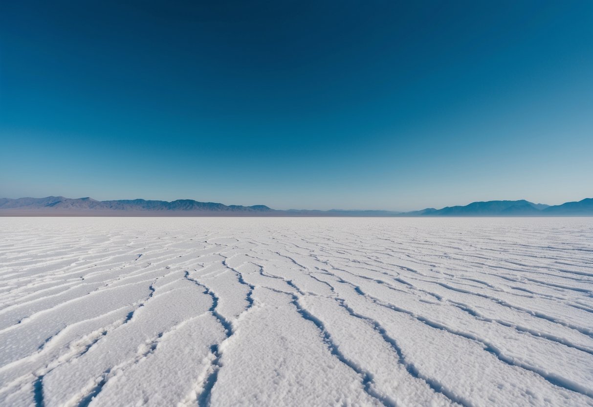 A vast expanse of white salt flats under a clear blue sky, with distant mountains on the horizon