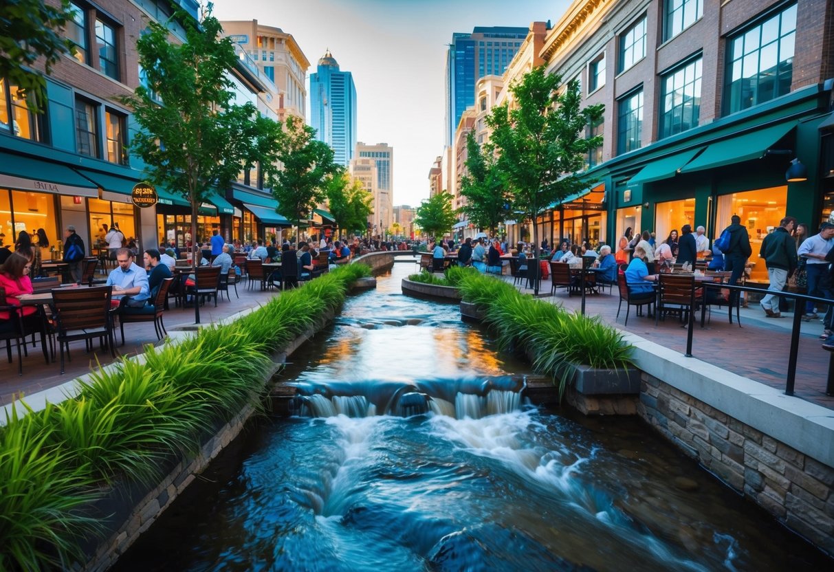 Busy City Creek Center with flowing creek, vibrant shops, and bustling crowds. Outdoor seating and lush greenery create a lively atmosphere for date ideas