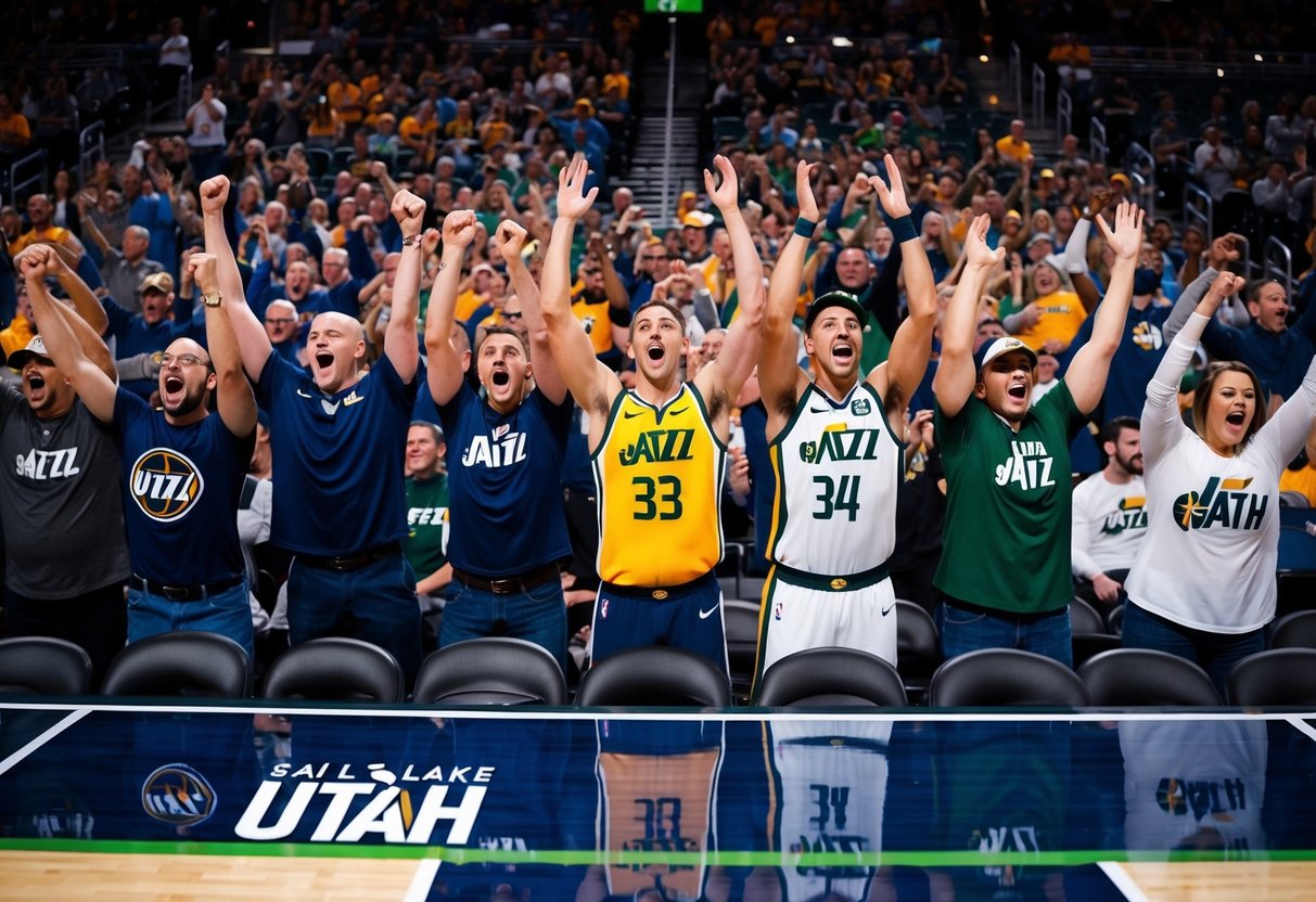 Fans cheer as basketball players compete on court at a Utah Jazz game in Salt Lake City. The arena is filled with excitement and energy