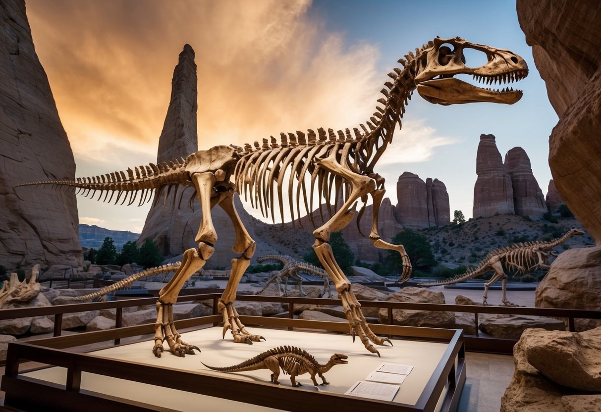 A prehistoric dinosaur skeleton stands tall in the Natural History Museum of Utah, surrounded by ancient fossils and towering rock formations