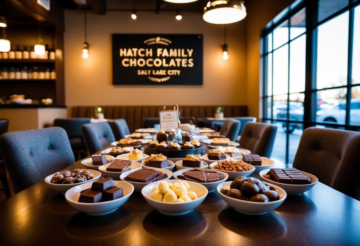 A table set with an assortment of chocolate treats, surrounded by cozy seating and warm lighting at Hatch Family Chocolates in Salt Lake City