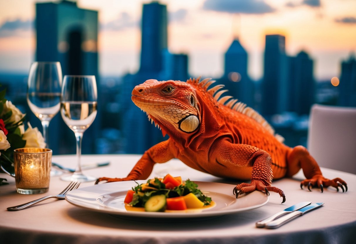 A red iguana sits at a dinner table with a city skyline in the background, surrounded by romantic decor