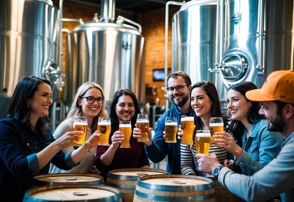 A group of people sampling beer flights at a Salt Lake City brewery, surrounded by stainless steel tanks and wooden barrels